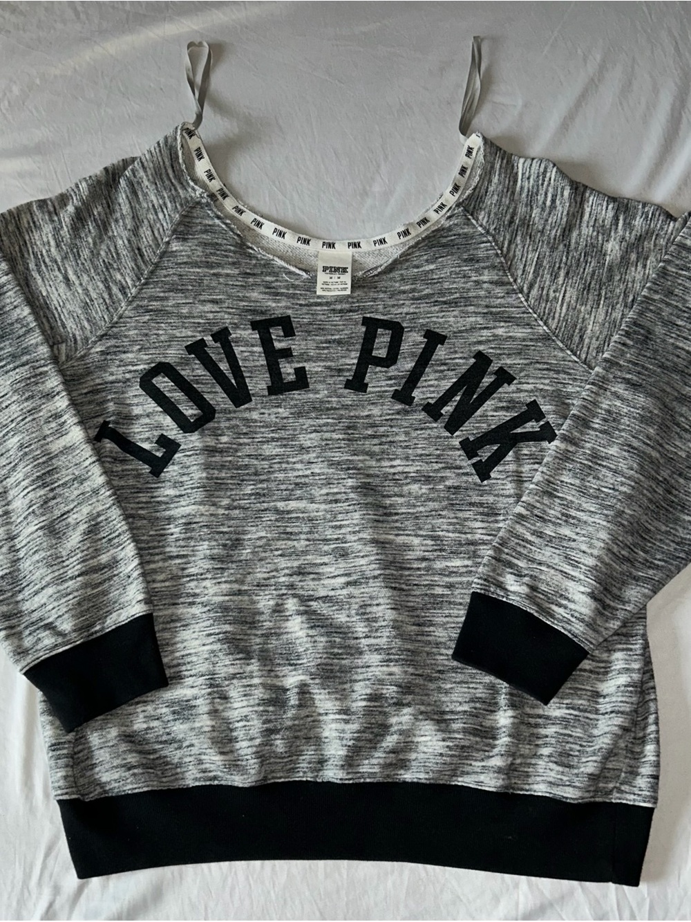 Victoria's Secret PINK Grey & Black Logo Pullover off the shoulder cold shoulder